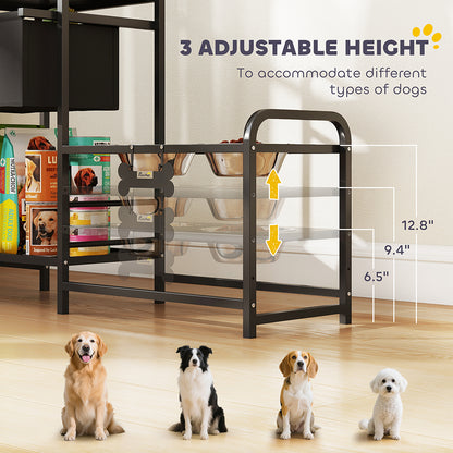 Dog Bowl Stand Dual Station - 4 Bowls 3 Heights Storage Bin