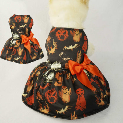 Pumpkin Print Halloween Dress - Adorable Mesh Outfit for Small Dogs & Cats