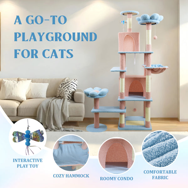 Flower Cat Tree 71" Pink - Large Condo with Removable Cushion - Purrfect Pet Haven