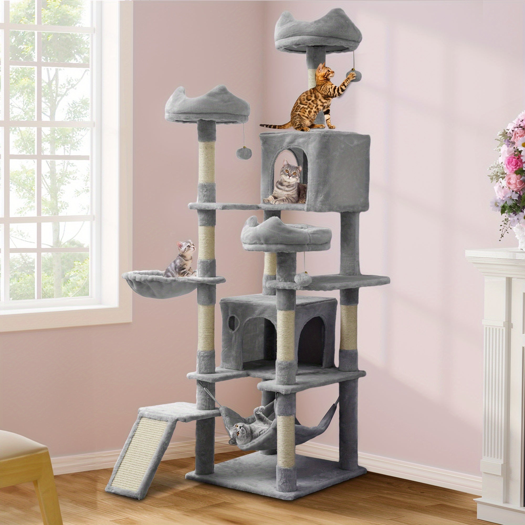 Tall 75in Cat Tree Tower For Indoor Cats Multi-Level Cat Climbing Two Condos