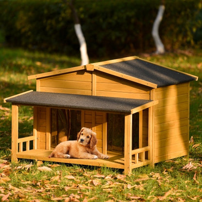 Large Wooden Dog House with Porch - Outdoor Hut Style Kennel
