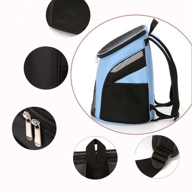 Blue Backpack Pet Bag with Mesh Panels and Zippered Compartments for Pets on the Go