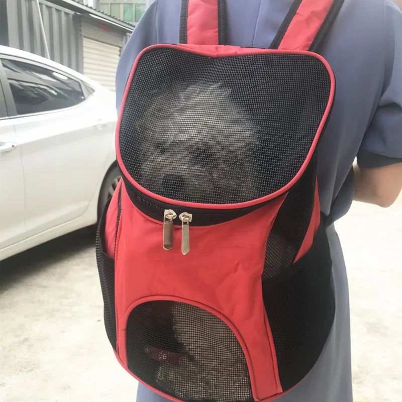 Red Backpack Pet Bag with mesh panels for visibility and ventilation for small dogs or cats