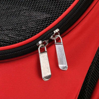 Red Backpack Pet Bag with durable zippers and breathable mesh for pet comfort and secure travel