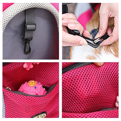 Close-up details of Wefulfil Backpack Pet Carrier Bag showing clips mesh pockets and interior straps in pink color