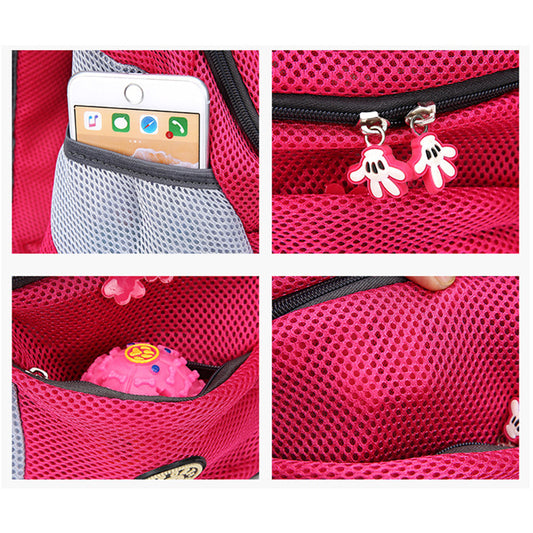 Wefulfil red mesh Backpack Pet Carrier Bag with multiple compartments and cartoon zipper pulls