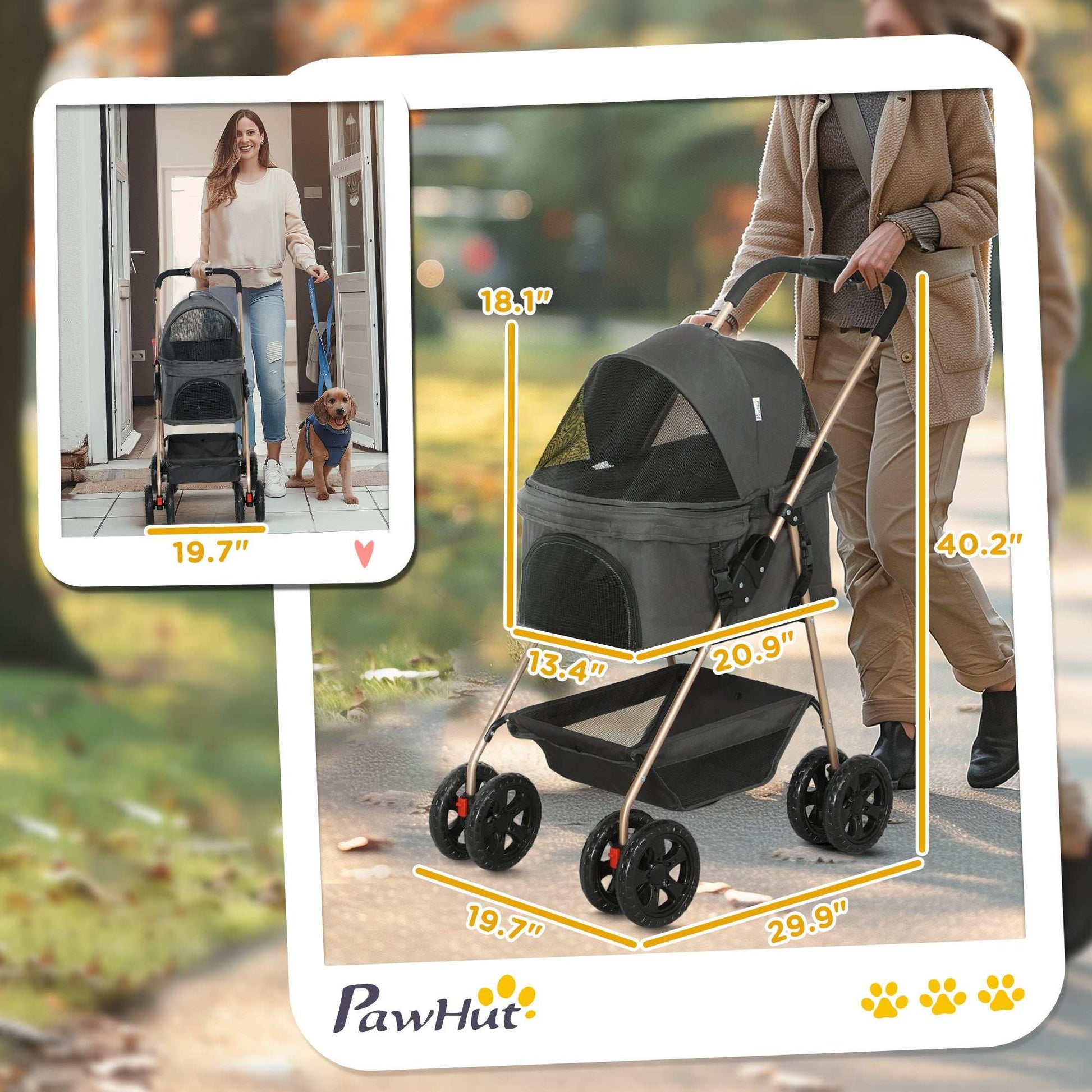 Pet stroller with measurements and PawHut branding, used outdoors.
