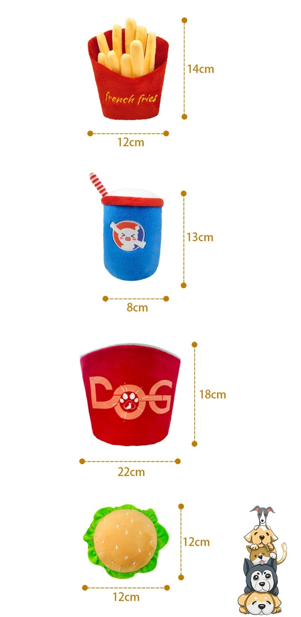 Wefulfil fast food dog toy set plush fries soda cup burger and red dog treat chew toys