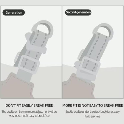 Comparison of first and second generation dog and cat harness buckles showing improved fit and durability in second generation