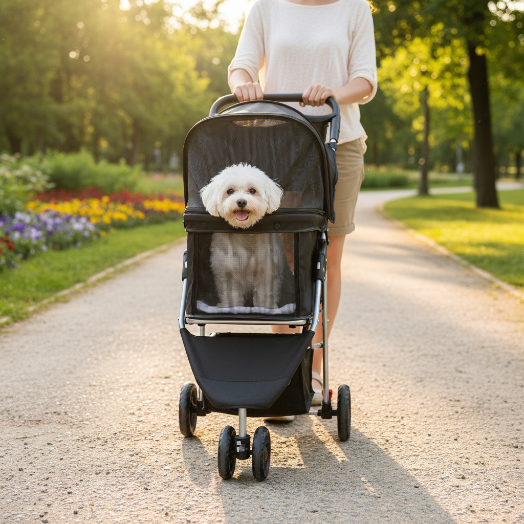 Black pet stroller with small white dog in sunny park