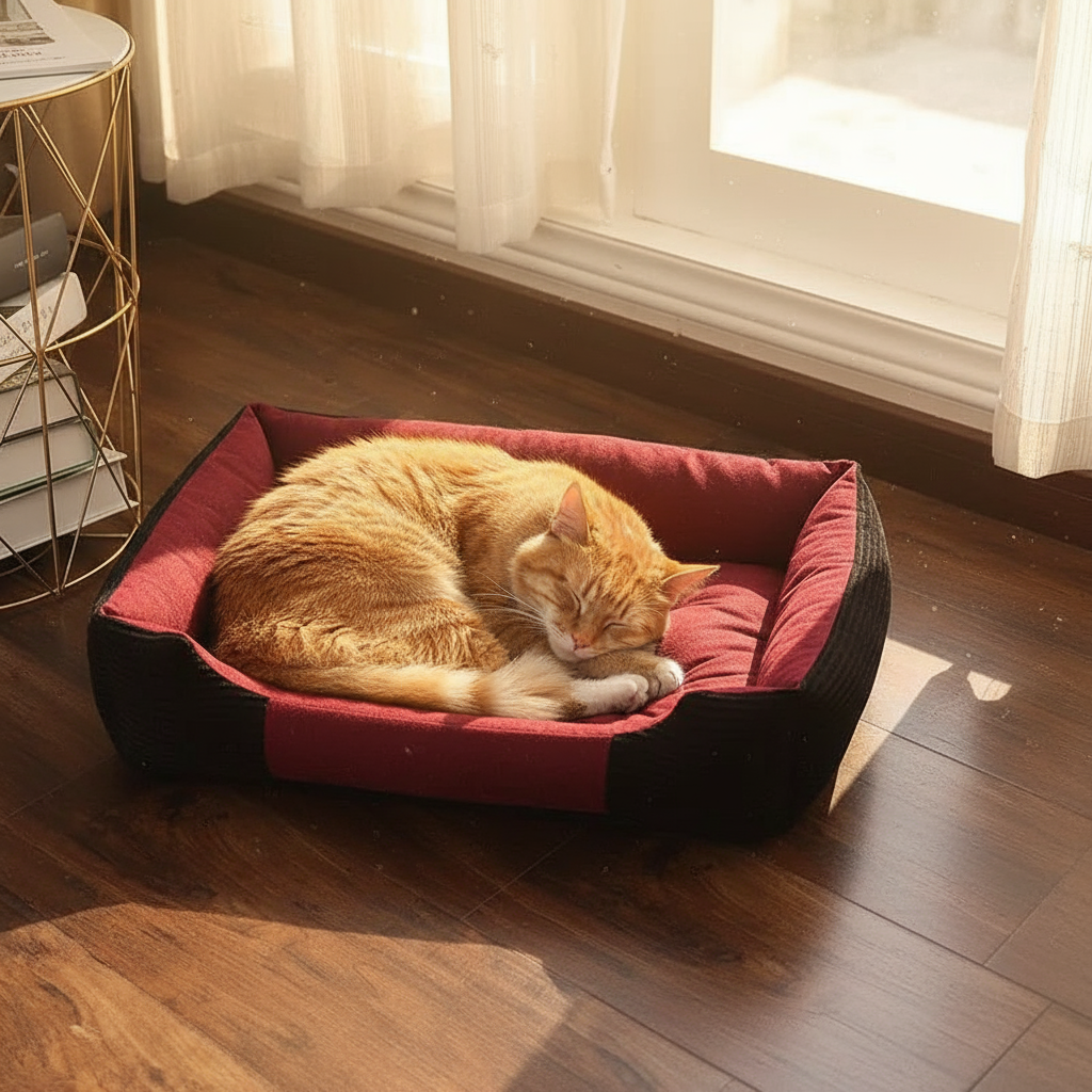 Blue pet bed with cat