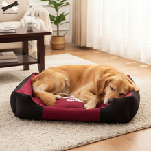 Blue pet bed with Golden Retriever