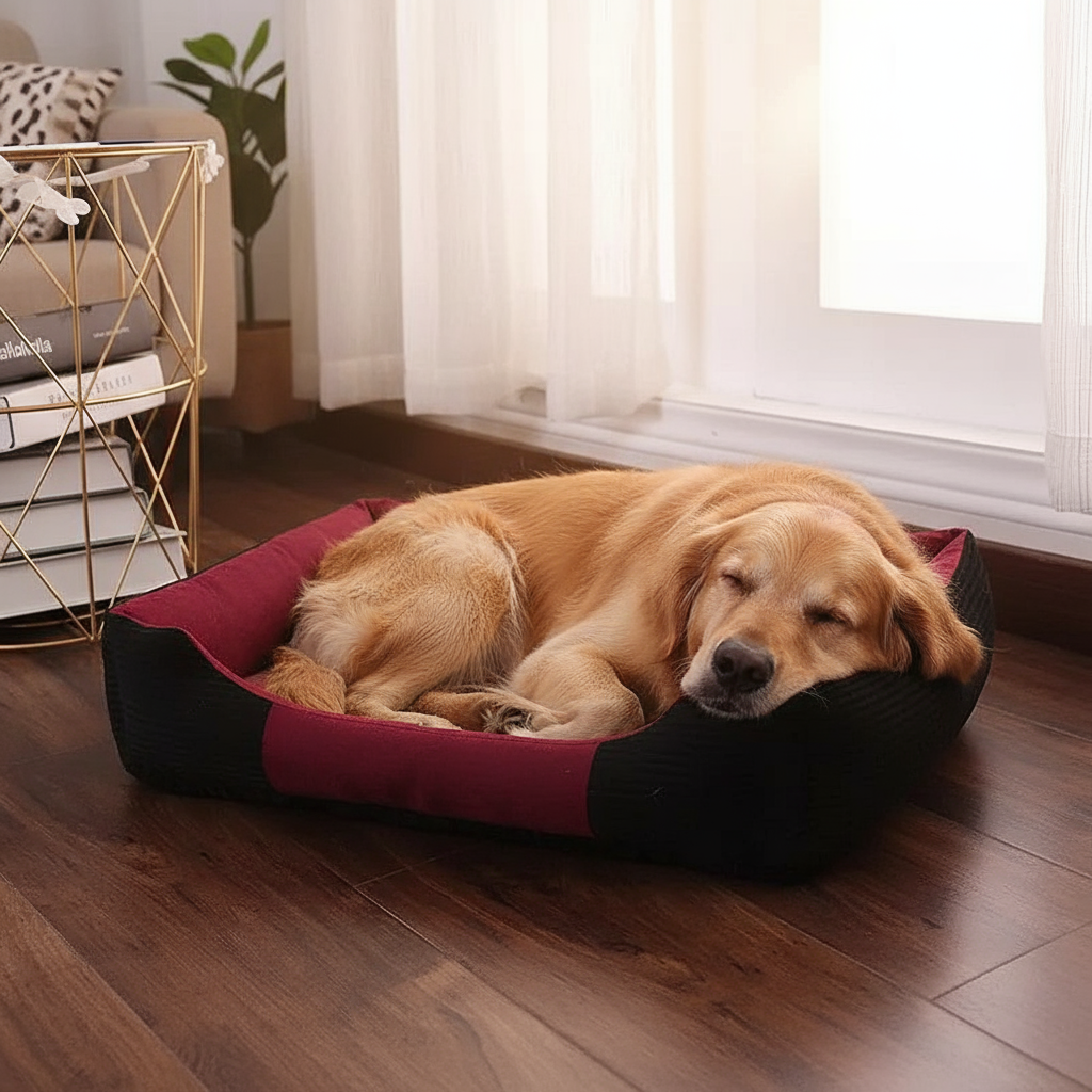 Blue pet bed with Golden Retriever