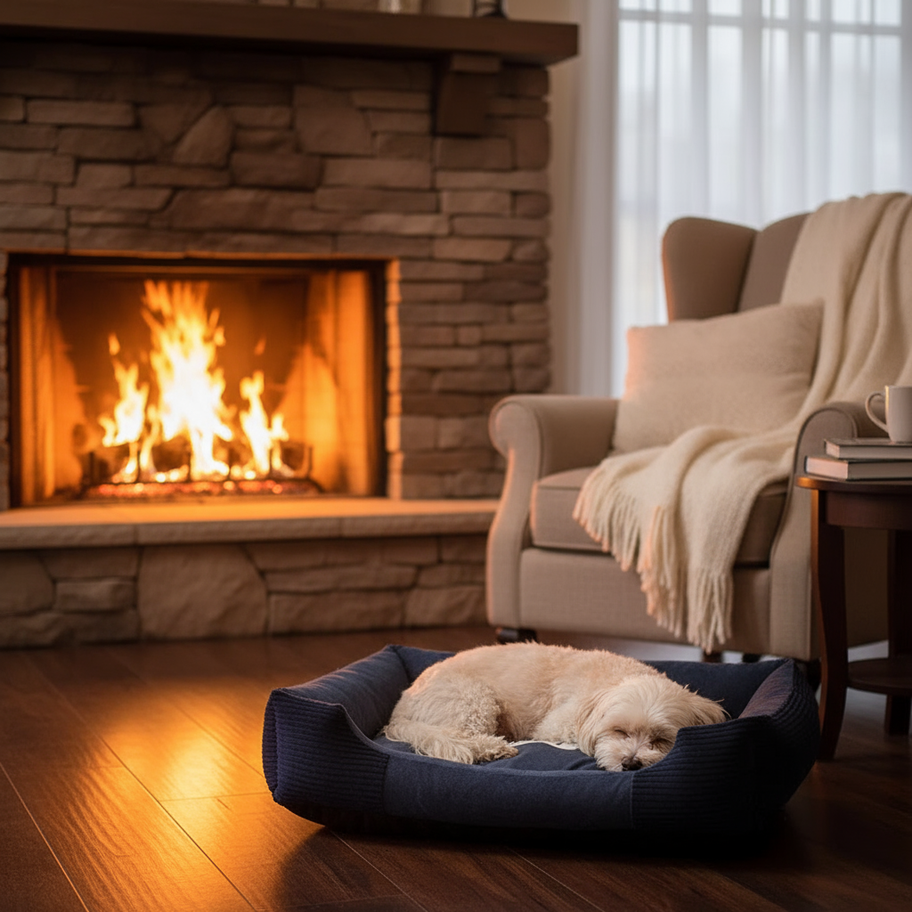 Blue pet bed with small fluffy dog