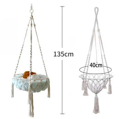 Purrfect Pet Haven Cotton Cat Hammock hanging macrame bed with plush round cushion tassels 135 cm height 40 cm diameter