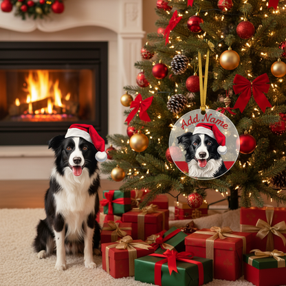 Border Collie ornament with red curved Add Name text