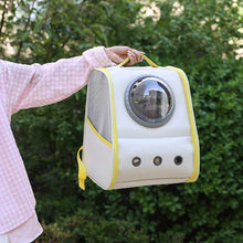 Person holding a Breathable Pet Backpack with a transparent window and yellow accents outdoors