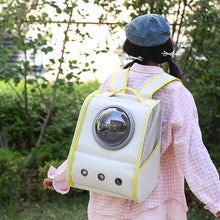 Person wearing a Breathable Pet Backpack with a clear window and mesh design for comfort