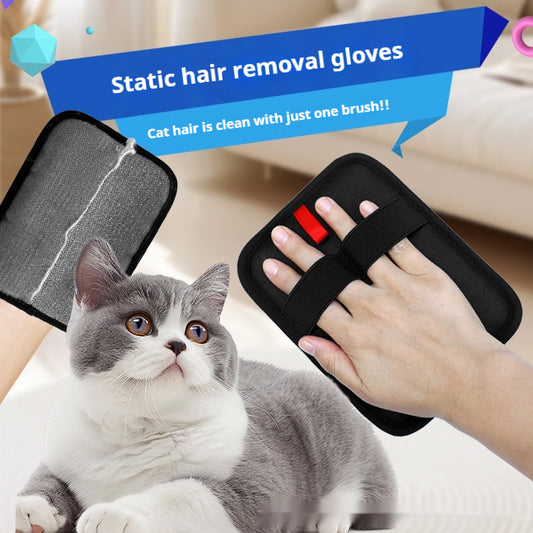 Cat hair removal gloves with a gray and white cat and a hand using the gloves.