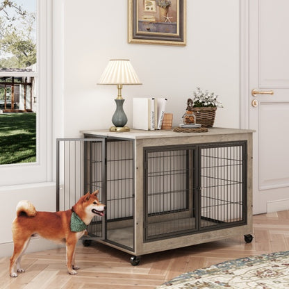 Furniture Style Dog Cage Side Table with Wheels Double Doors and Raised Top
