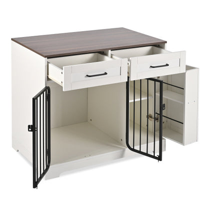 GO 37.4 Dog Crate Furniture, Indoor Dog Kennel With 2 Drawers And Storage Cabinet, Modern Furniture Dog Crate Side End Table For Small Medium Dogs, White