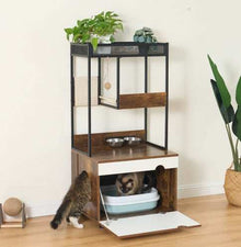 Front Access Cat Litter Box Enclosure with Cat Tree Tower