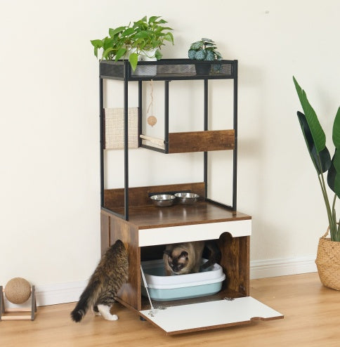 Front Access Cat Litter Box Enclosure with Cat Tree Tower