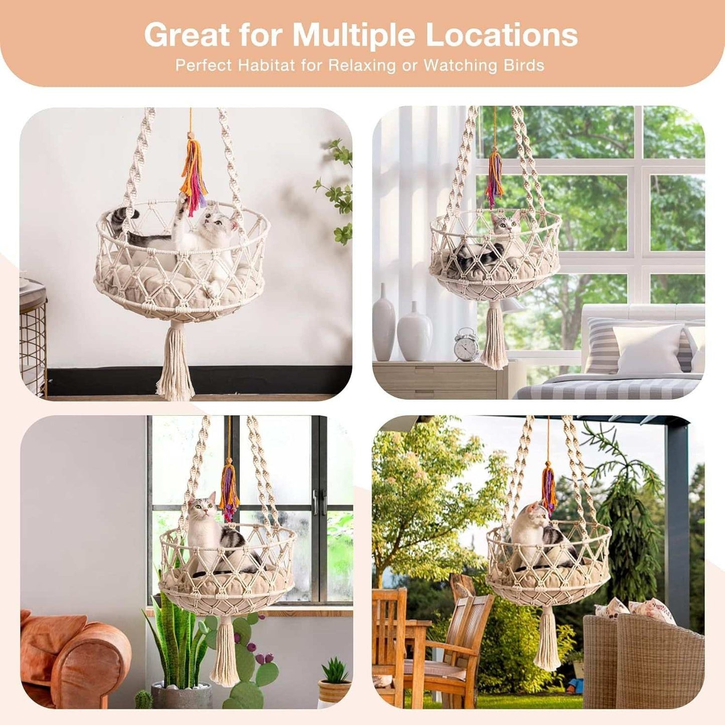 Macrame Cat Swing Bed For Indoor Cats - Boho Hanging Hammock With Washable Mat
