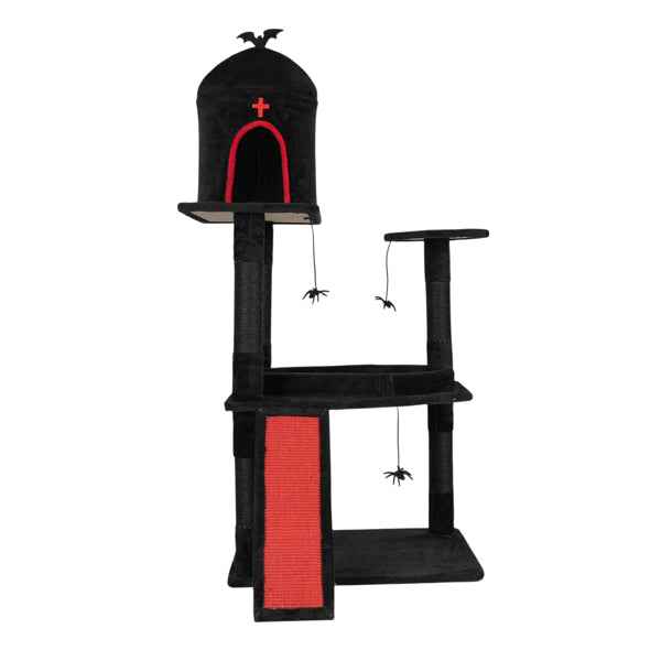 53in Gothic Cat Tree With Coffin Bed, Large Cat Tower With Spacious Cat Condo, Scratching Posts, Spider Hanging Toys, Scratching Board, Multi-Level Cat Activities Furniture For Large Cats, Red & Black