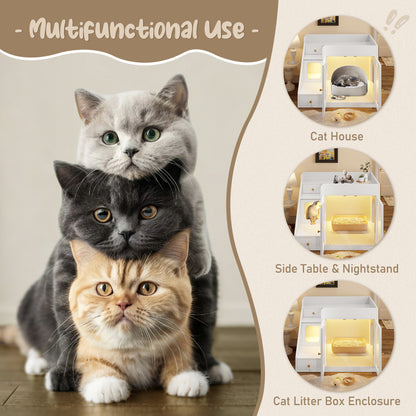 Cat Litter Box Enclosure with Light - Furniture with 2 Storage Drawers