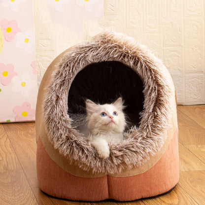 Cat sitting inside a cozy pet bed on a wooden floor.