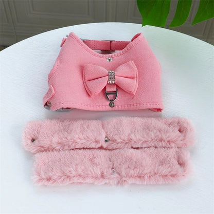 Warm Fur Collar Soft Padded Small Girl Pet Harness and Leash Set with Bow Tie