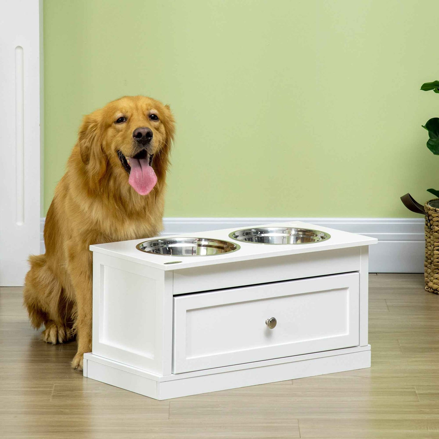 Large Elevated Dog Bowls with Storage Drawer Containing 11L Capacity, Raised Dog Bowl Stand Pet Food Bowl Dog Feeding Station, White