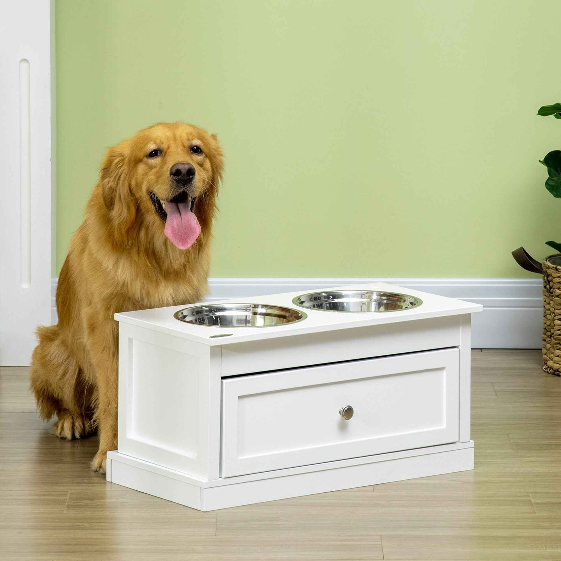 Large Elevated Dog Bowls with Storage Drawer Containing 11L Capacity, Raised Dog Bowl Stand Pet Food Bowl Dog Feeding Station, White