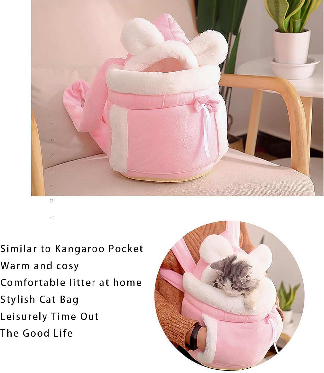 Pink Carrier Backpack Bag for Cats with Soft Fleece Lining and Cute Bunny Ears Design