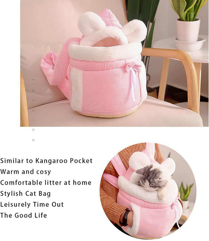 Pink Carrier Backpack Bag for Cats with Soft Fleece Lining and Cute Bunny Ears Design