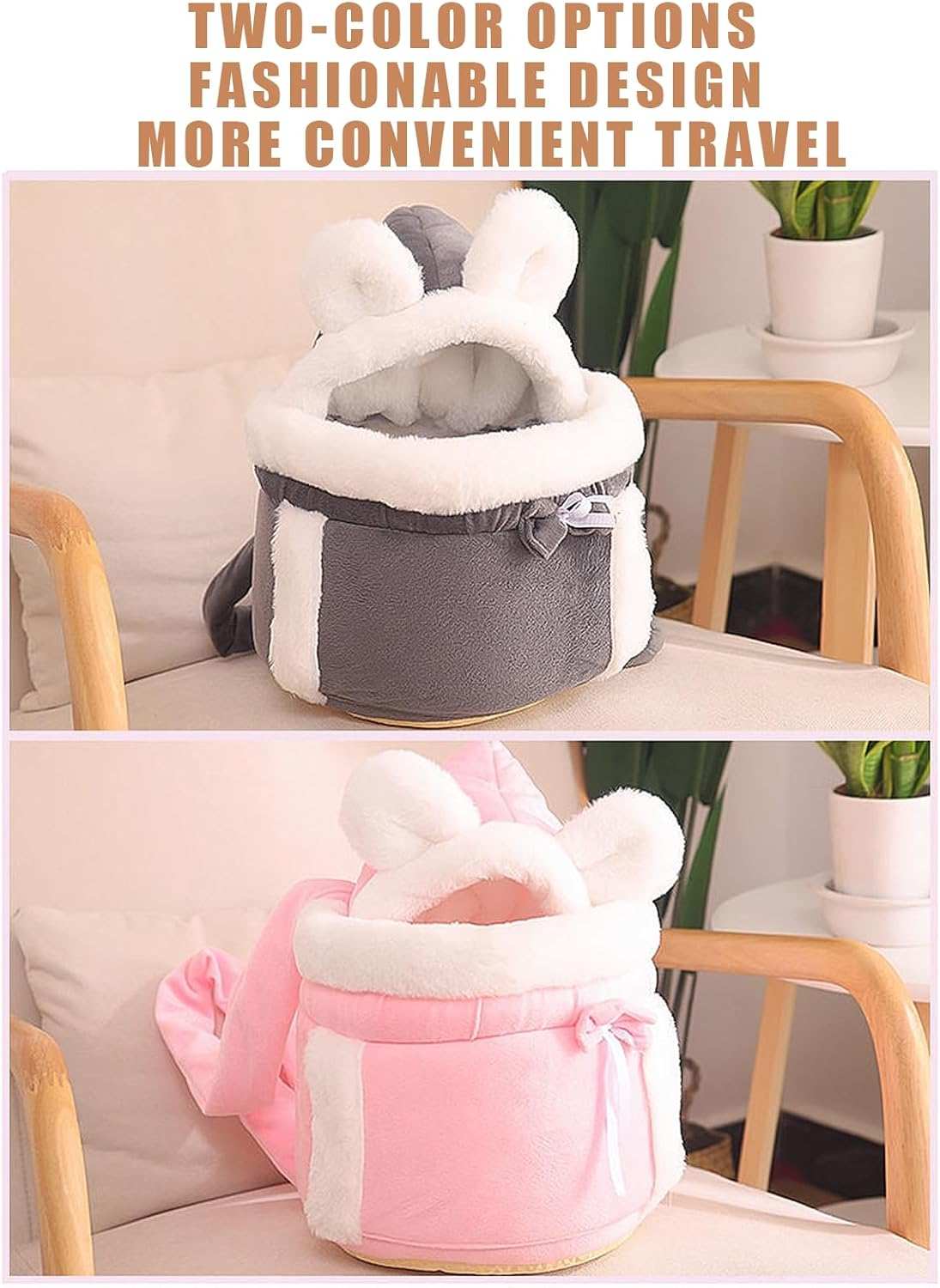 Pet Carrier Backpack Bag in Gray and Pink with Soft Fur and Bunny Ears for Comfortable Travel