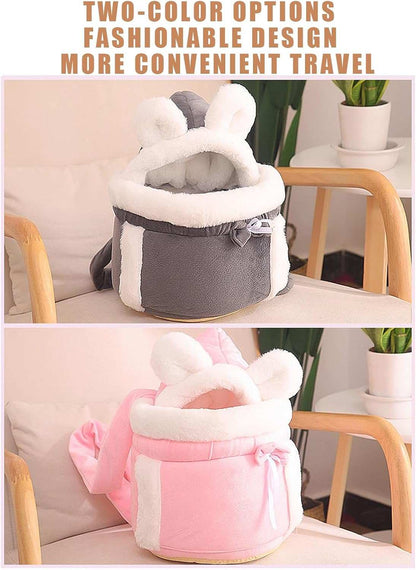 Pet Carrier Backpack Bag in Gray and Pink with Soft Fur and Bunny Ears for Comfortable Travel