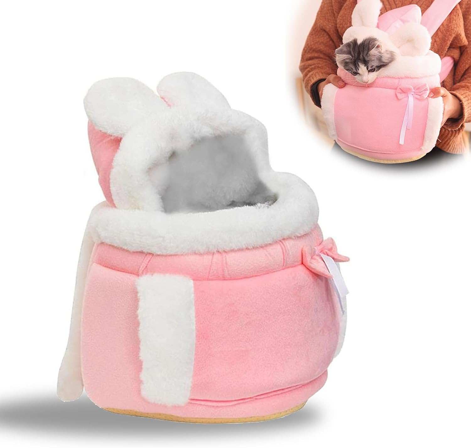Cozy pink Carrier Backpack Bag with bunny ears for cats and small pets, perfect for travel