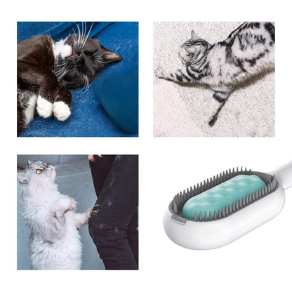 Wefulfil Cat Grooming Brush with soft bristles next to images of relaxed and playful cats