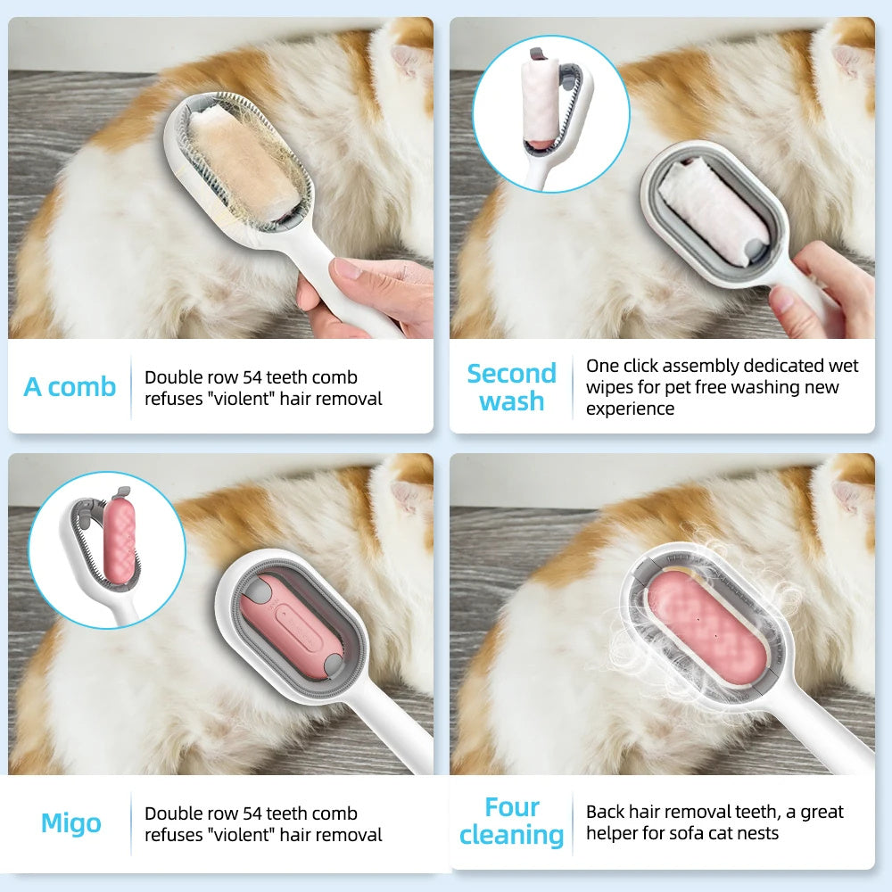 Wefulfil Cat Grooming Brush with double row 54 teeth for gentle hair removal and easy cleaning on orange and white cat
