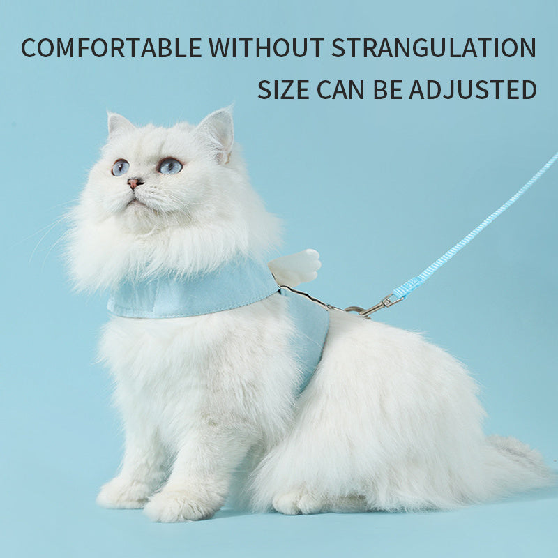 White fluffy cat wearing Wefulfil blue Cat Harness Leash Set with adjustable strap on light blue background