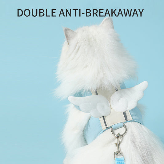 White cat wearing blue Cat Harness Leash Set with wing design and double anti-breakaway feature
