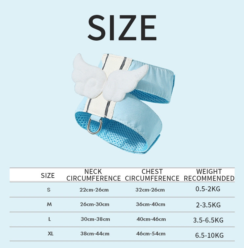 Wefulfil Cat Harness Leash Set in blue with white wings and size chart for neck and chest circumference