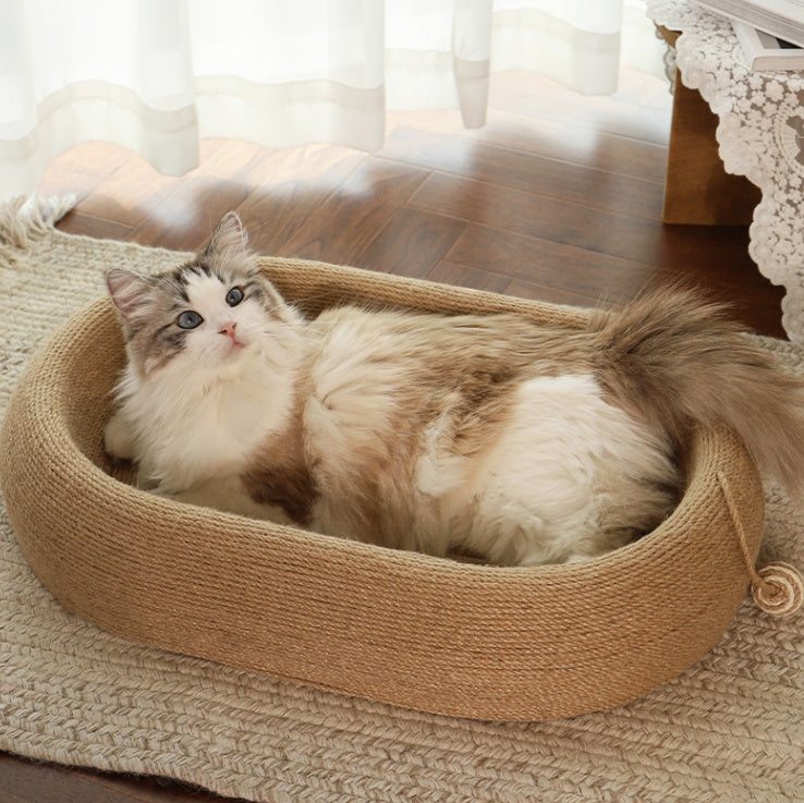 Wefulfil cat scratching board with cozy design featuring a fluffy cat resting inside