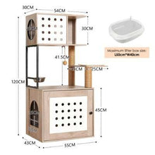 Wefulfil cat tree litter box with wooden frame and multiple levels for cats to climb and rest
