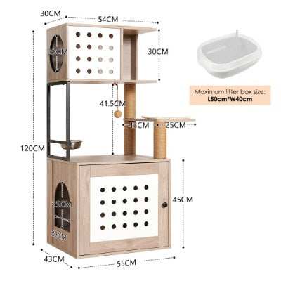 Wefulfil cat tree litter box with wooden frame and multiple levels for cats to climb and rest