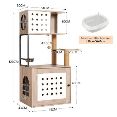 Wefulfil cat tree litter box with wooden frame and multiple levels for cats to climb and rest