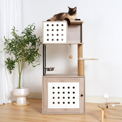 Wefulfil cat tree litter box in wood and white with multiple compartments and a cat resting on top