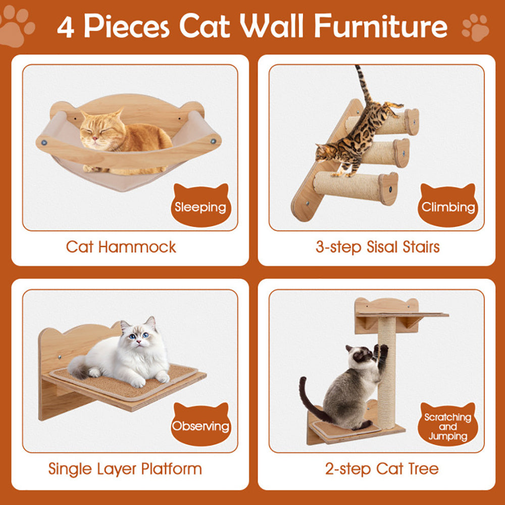 Wefulfil 4 Pieces Cat Wall Furniture set with hammock, 3-step sisal stairs, single layer platform, and 2-step cat tree for cats